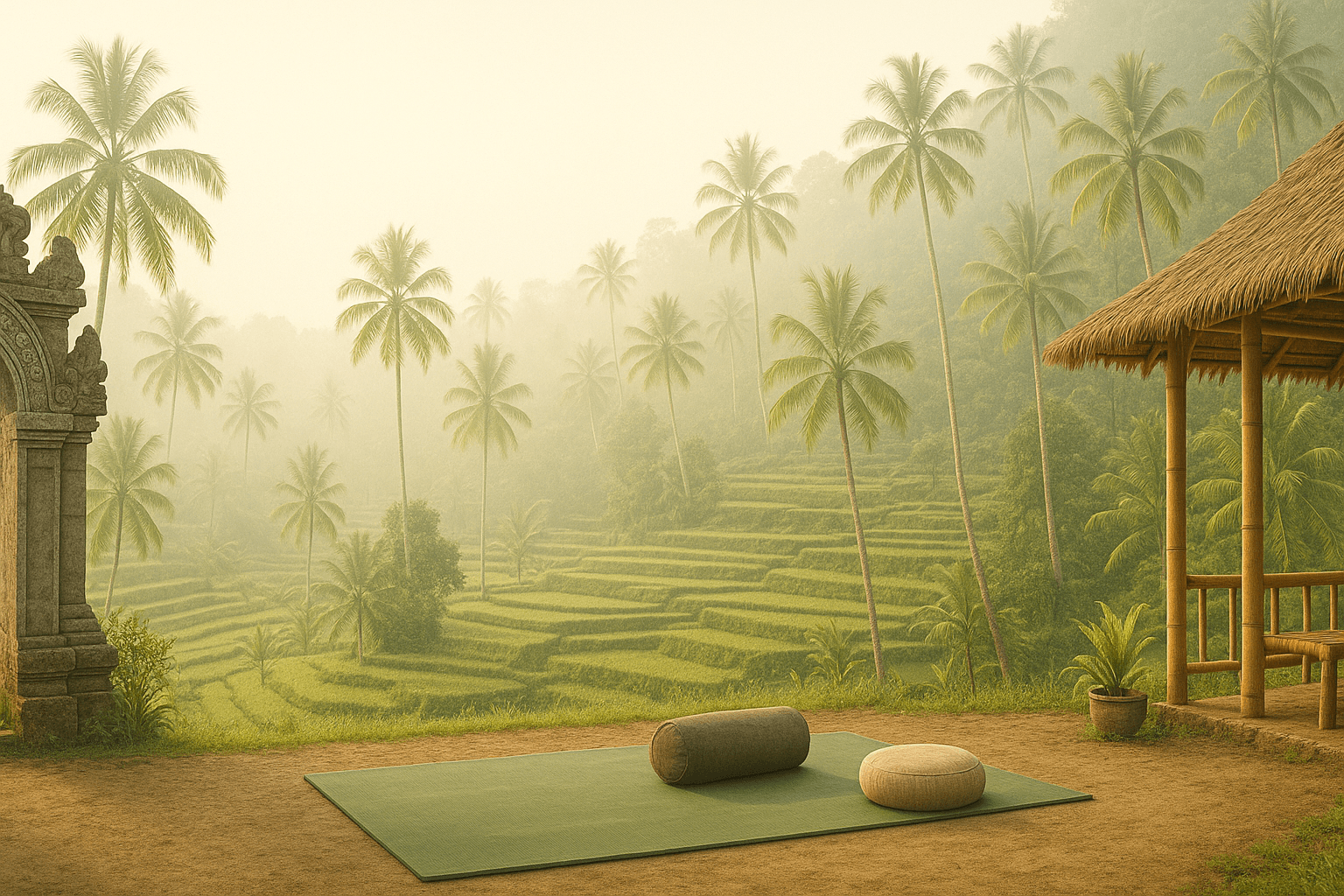Serene yoga setup with mat and props overlooking beautiful Balinese rice terraces, palm trees, and traditional temple architecture